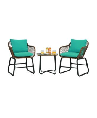 3 Pieces Patio Rattan Bistro Set with Cushions and Glass Table