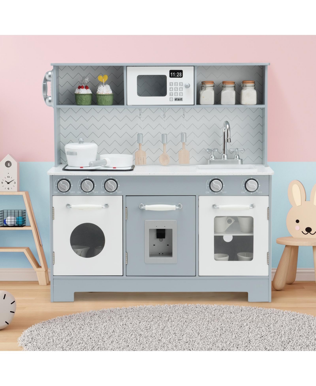 Sugift Wooden Kitchen Pretend Play Toy for Kids with Realistic Light and Sound