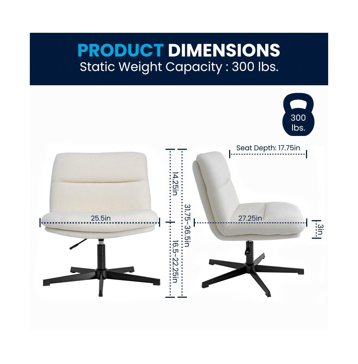 Merrick Lane Biel Mid-Back Height-Adjustable Stationary Armless Swivel Office Chair - Padded Upholstered Wide Back And Seat, Strong Frame - Cream faux