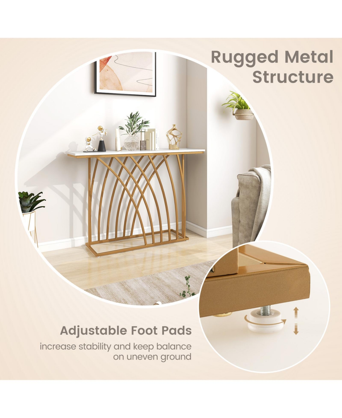 Sugift 48 Inch Gold Console Table with White Faux Marble Tabletop-White