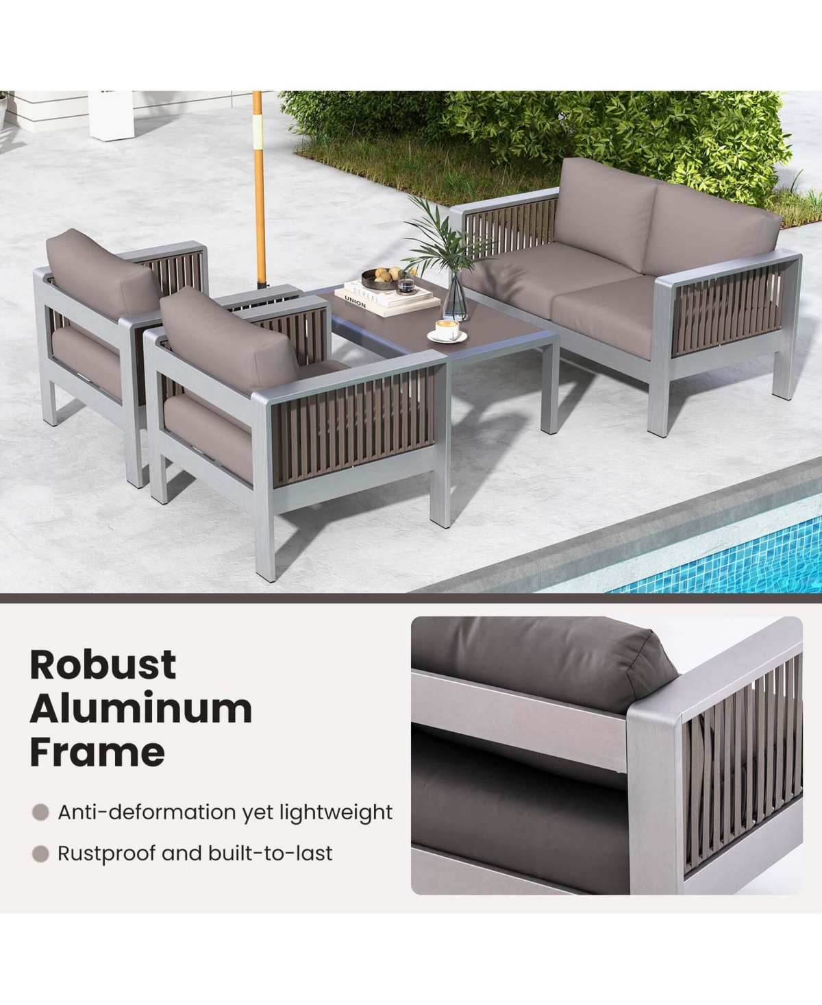 Costway 2 Pcs Aluminum Single Sofa Outdoor Furniture Set with Thick Back & Seat Cushions