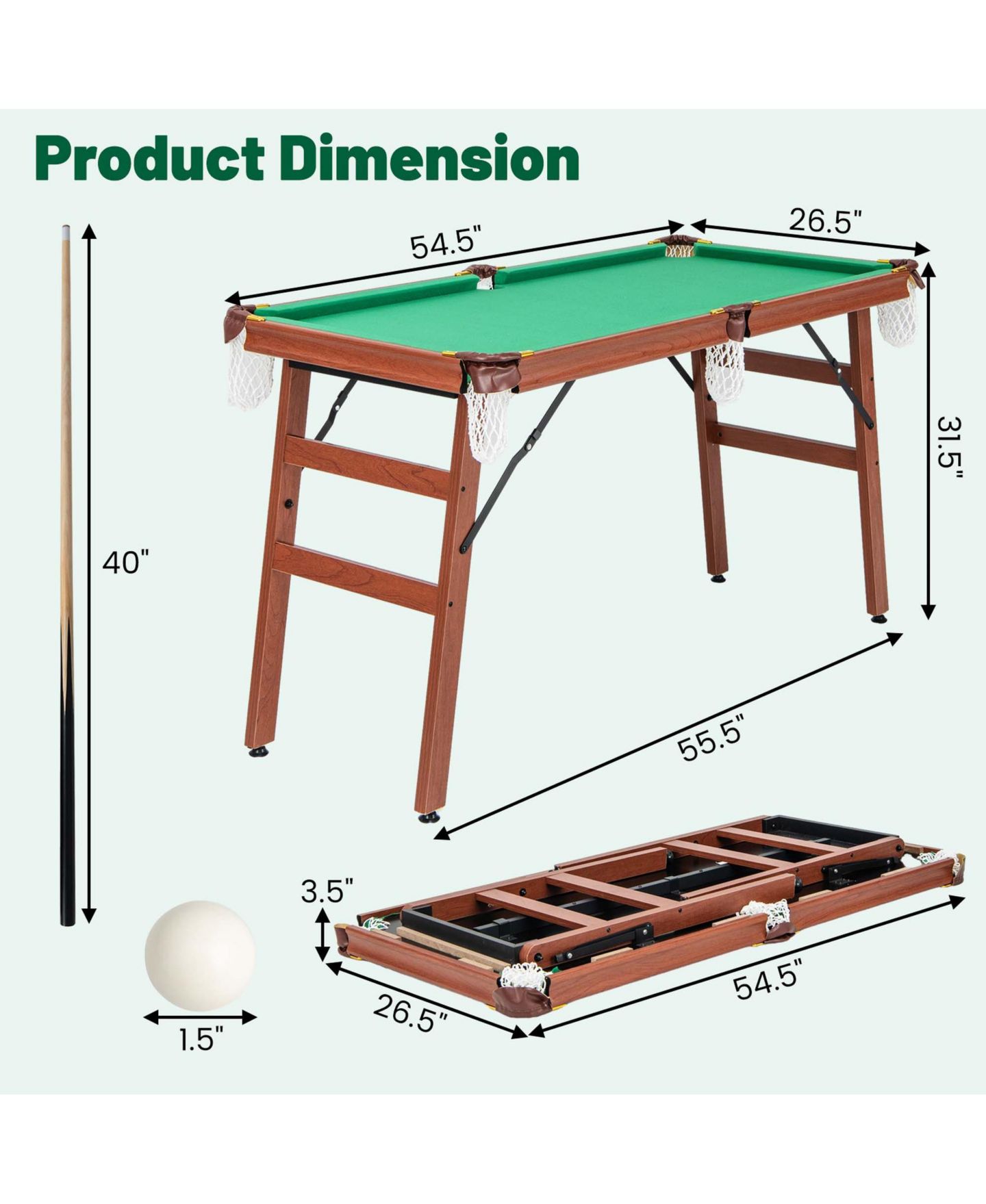 Детские игрушки Costway Folding Pool Table Set with Foldable Legs Adjustable Foot Levelers 2, цвет: Зелёный — фото 8