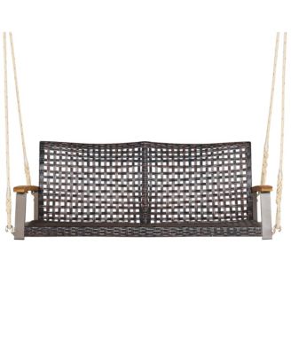 2-Person Patio Rattan Hanging Swing Chair Porch Loveseat Cushion Off White