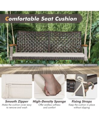 2-Person Patio Rattan Hanging Swing Chair Porch Loveseat Cushion Off White