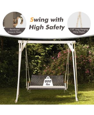 2-Person Patio Rattan Hanging Swing Chair Porch Loveseat Cushion Off White