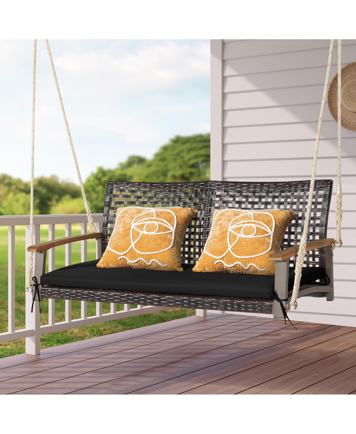 Costway 2-Person Patio Rattan Hanging Swing Chair Porch Loveseat Cushion Black