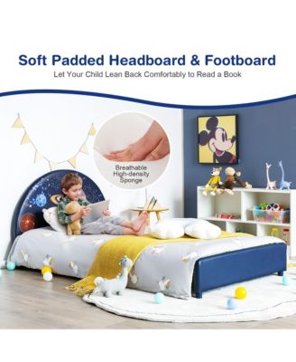Kids Upholstered Platform Bed Children Twin Size Wooden Bed Galaxy Pattern