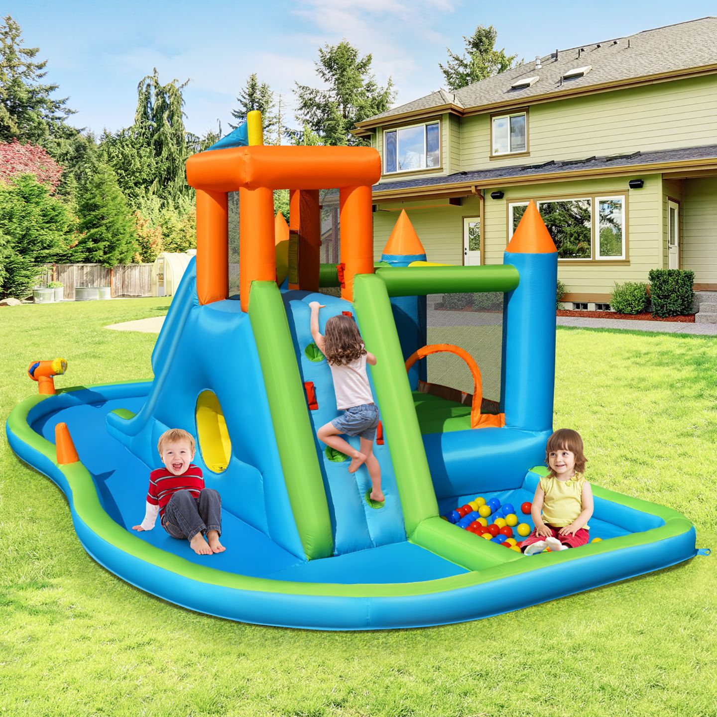 Детская игрушка Costway Inflatable Water Slide Bounce House with Splash Pool, 6-Player, 3–10 лет, цвет: Синий — фото 2