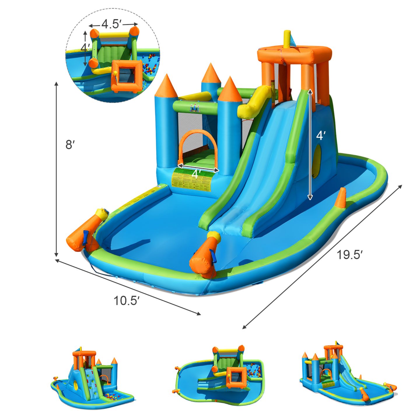 Детская игрушка Costway Inflatable Water Slide Bounce House with Splash Pool, 6-Player, 3–10 лет, цвет: Синий — фото 4