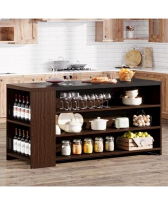 55" Kitchen Island Table, Farmhouse 5-Tier Wood Coffee Bar Cabinet with Storage Shelves and Large Countertop for Kitchen or Dining Room