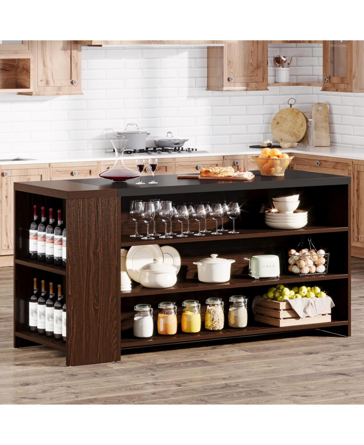 Tribesigns Kitchen Island with Storage, Farmhouse 5-Tier Stationary Island Table with 5 Shelves, Wood Coffee Bar Table Storage Cabinet with Large