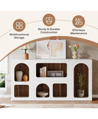 59" White Console Table, Modern Entryway Table, Wooden Storage Organizer Entrance Table with 6 Compartments, Long Sofa Table