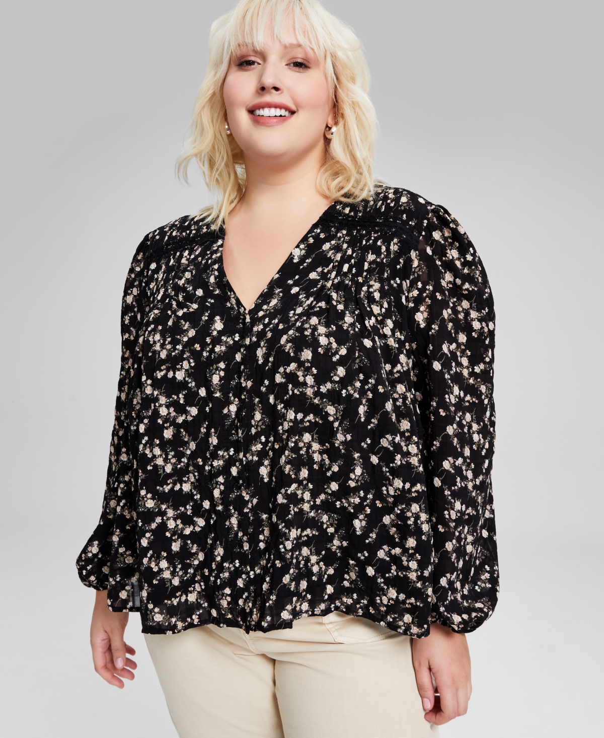 Plus Size Floral Lace-Trim Button-Front Top, Created for Macy's - Black