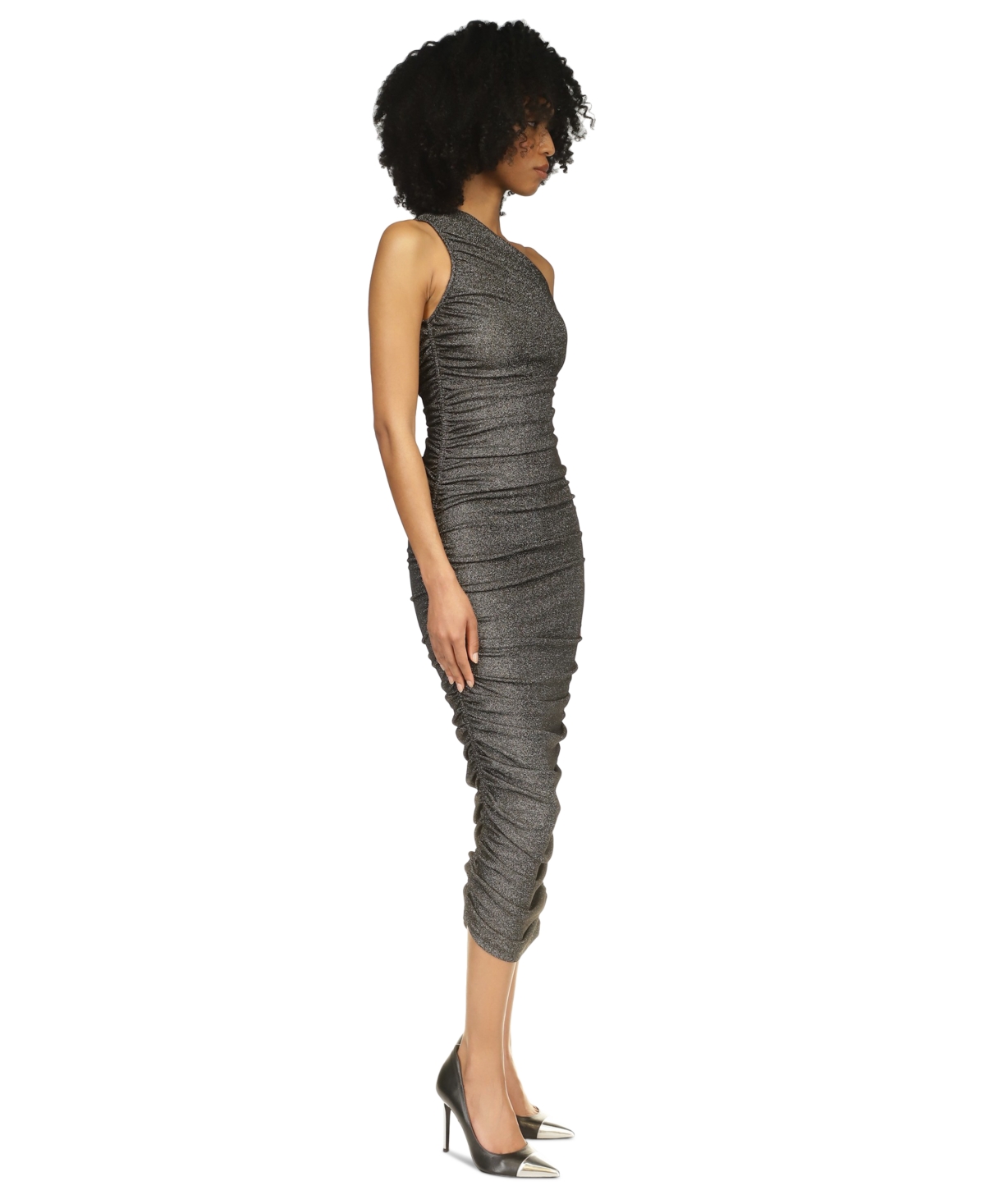 Michael Michael Kors Women's Ruched Metallic One-Shoulder Midi Dress - Black  Silver