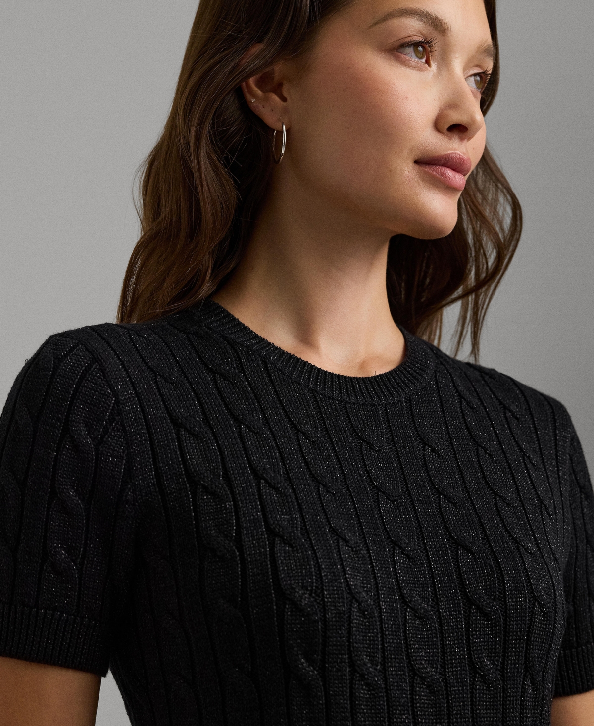 Lauren Ralph Lauren Women's Metallic Cable-Knit Short-Sleeve Sweater