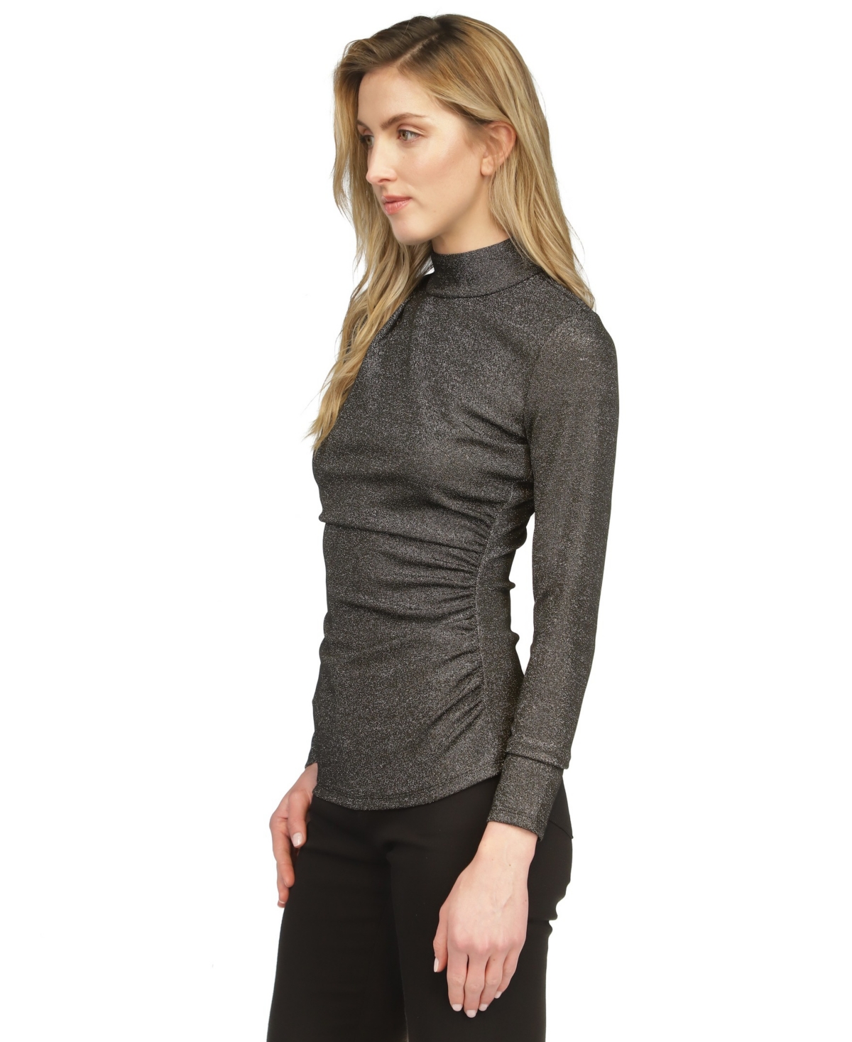Michael Michael Kors Women's Asymmetrical Ruched Long-Sleeve Top - Black  Silver