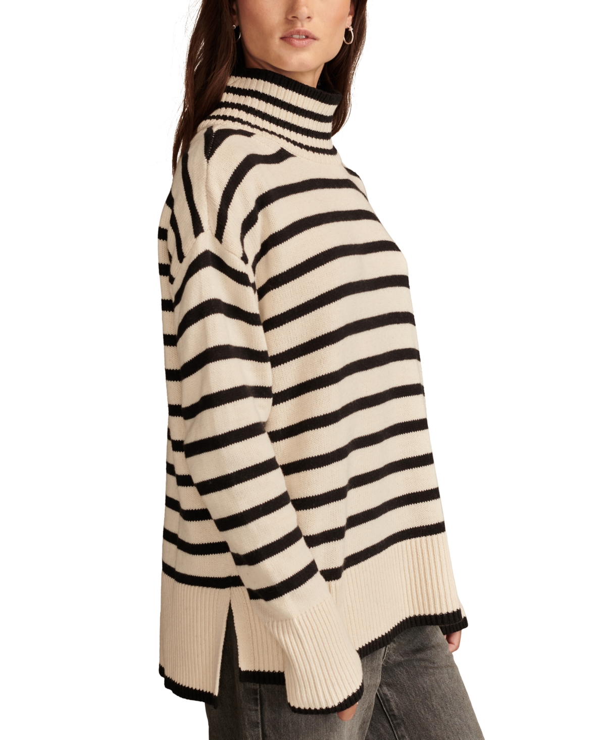 Lucky Brand Women's Mock Neck Long-sleeve Tunic Sweater In Whitecap Grey Stripe