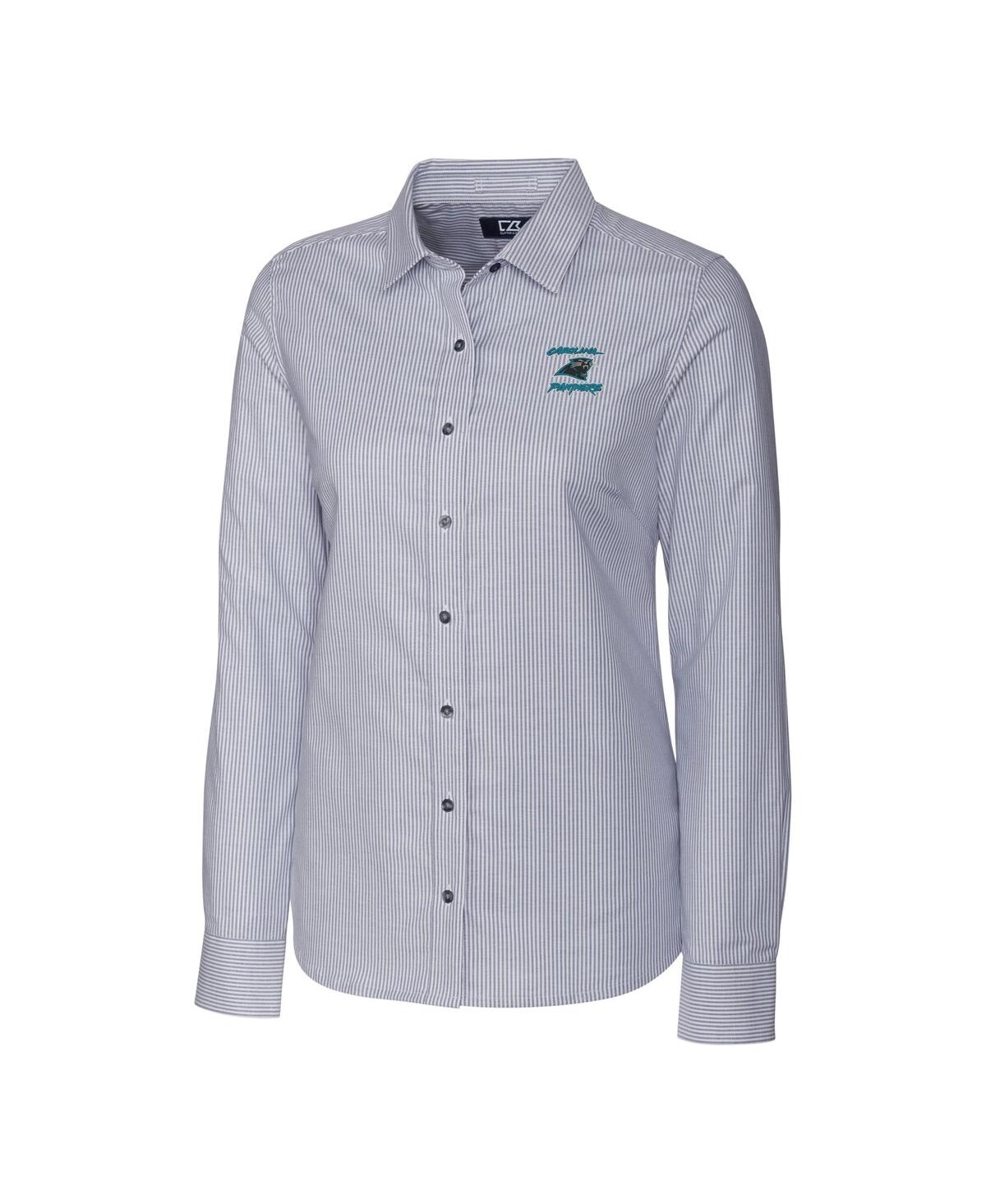 Cutter & Buck Women's Charcoal Carolina Panthers Throwback Logo Stretch Oxford Stripe Long Sleeve Button-up Dress In Charcoal