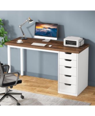 Computer Desk with 5 Drawers, 47 inches Rustic Brown Home Office Desk with Storage, Modern Simple Laptop Desk Study Writing Table for Small Spaces (Reversible Drawer Cabinet)