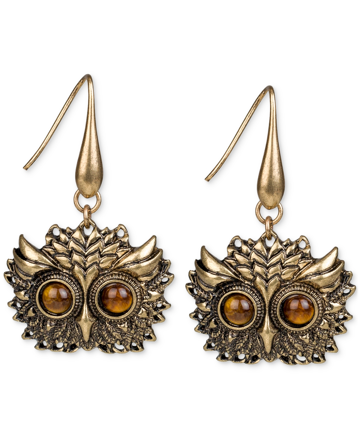 Gold-Tone Tiger's Eye Owl Head Drop Earrings - Antique Go