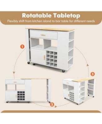 Reversible Folding Kitchen Island Cart with Wine Rack and Spice Rack