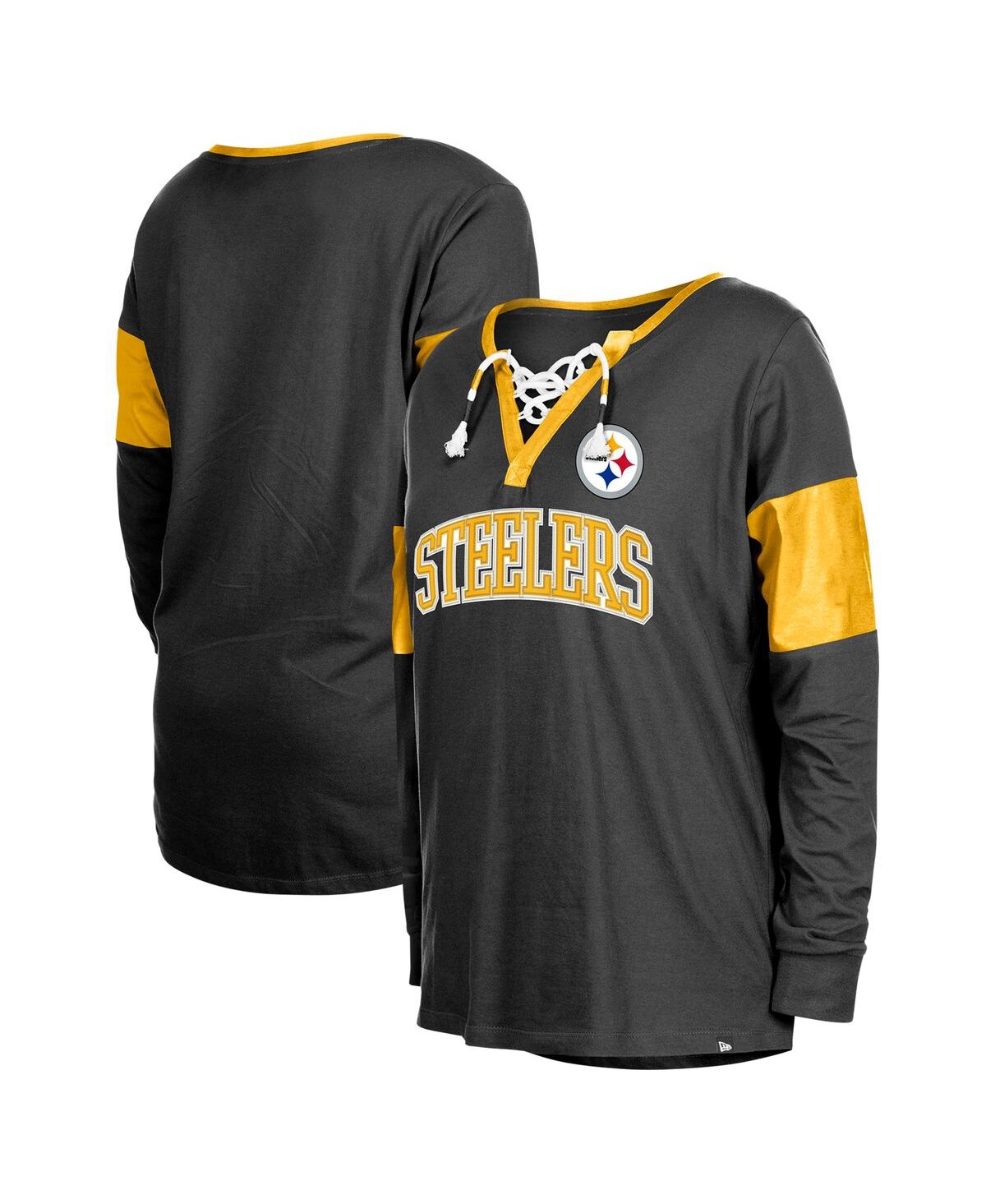 NEW ERA WOMEN'S BLACK PITTSBURGH STEELERS LACE-UP NOTCH-NECK LONG SLEEVE T-SHIRT 