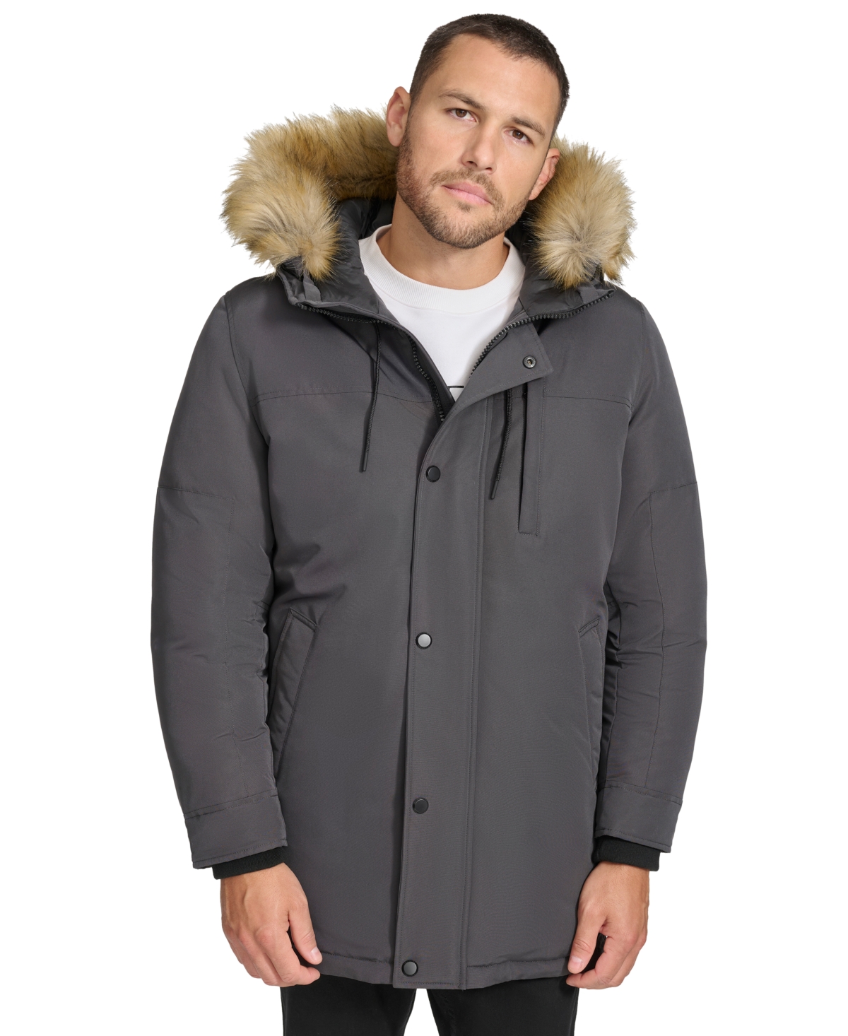 Men's Long Parka with Faux-Fur Lined Hood - Black