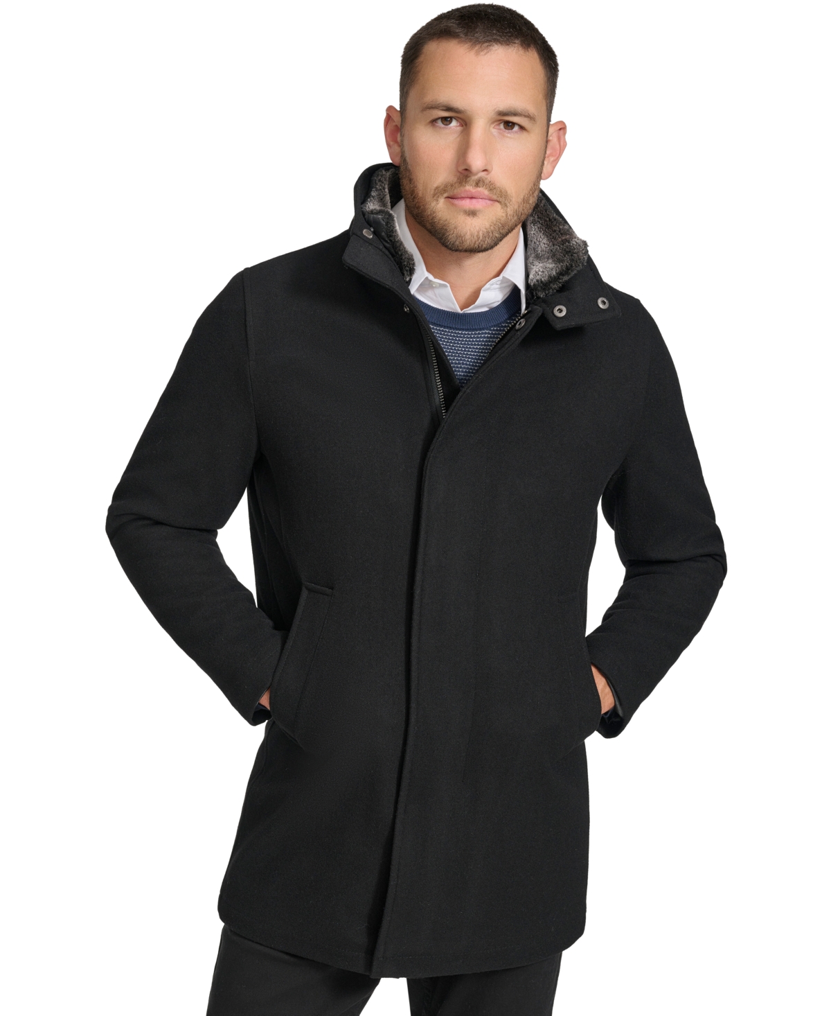 Men's Urban Walker Coat with Detachable Faux Rabbit Fur at Interior Collar - Black