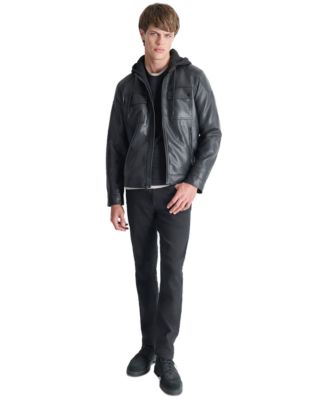 DKNY Men's Faux-Leather Removable Hood Moto Jacket - Macy's