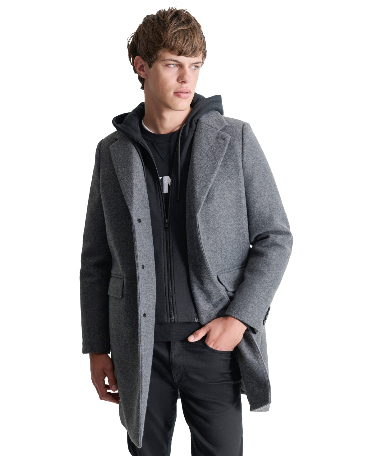 Dkny Men's Removable Hood Notch-Lapel Coat