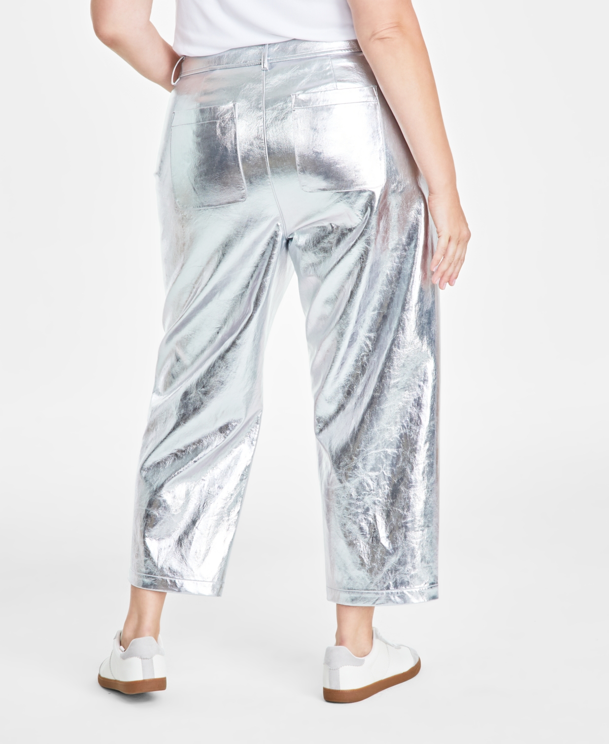 On 34th Trendy Plus Cropped Straight-leg Metallic Pants, Created For Macy's In Silver