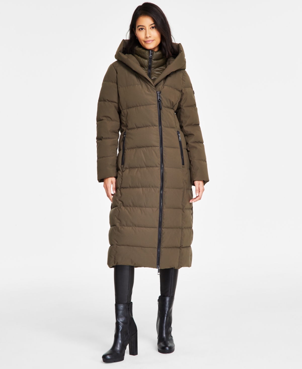 Dkny Women's Bibbed Shawl Collar Hooded Puffer Coat In Loden