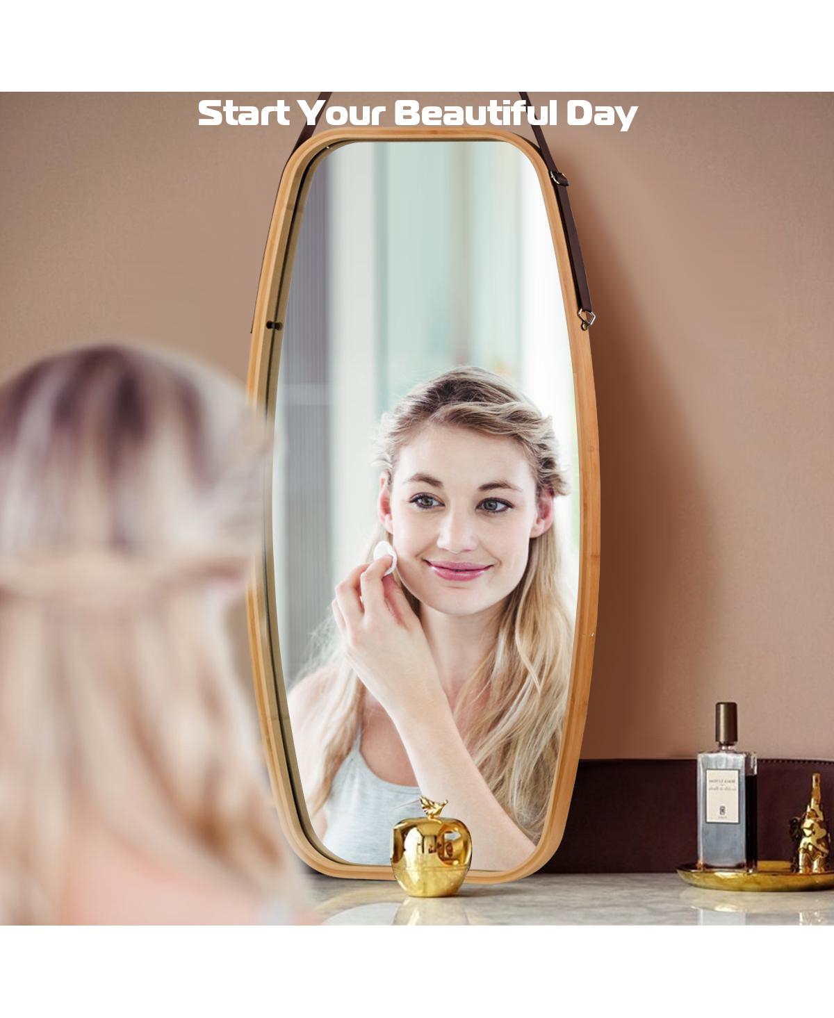 Sugift Modern Wall Mirror with Bamboo Frame and Adjustable Leather Strap