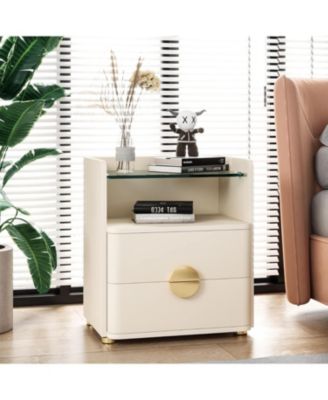 modern 2-drawer nightstands with open storage & gold metal legs, wood & tempered glass, bedside table