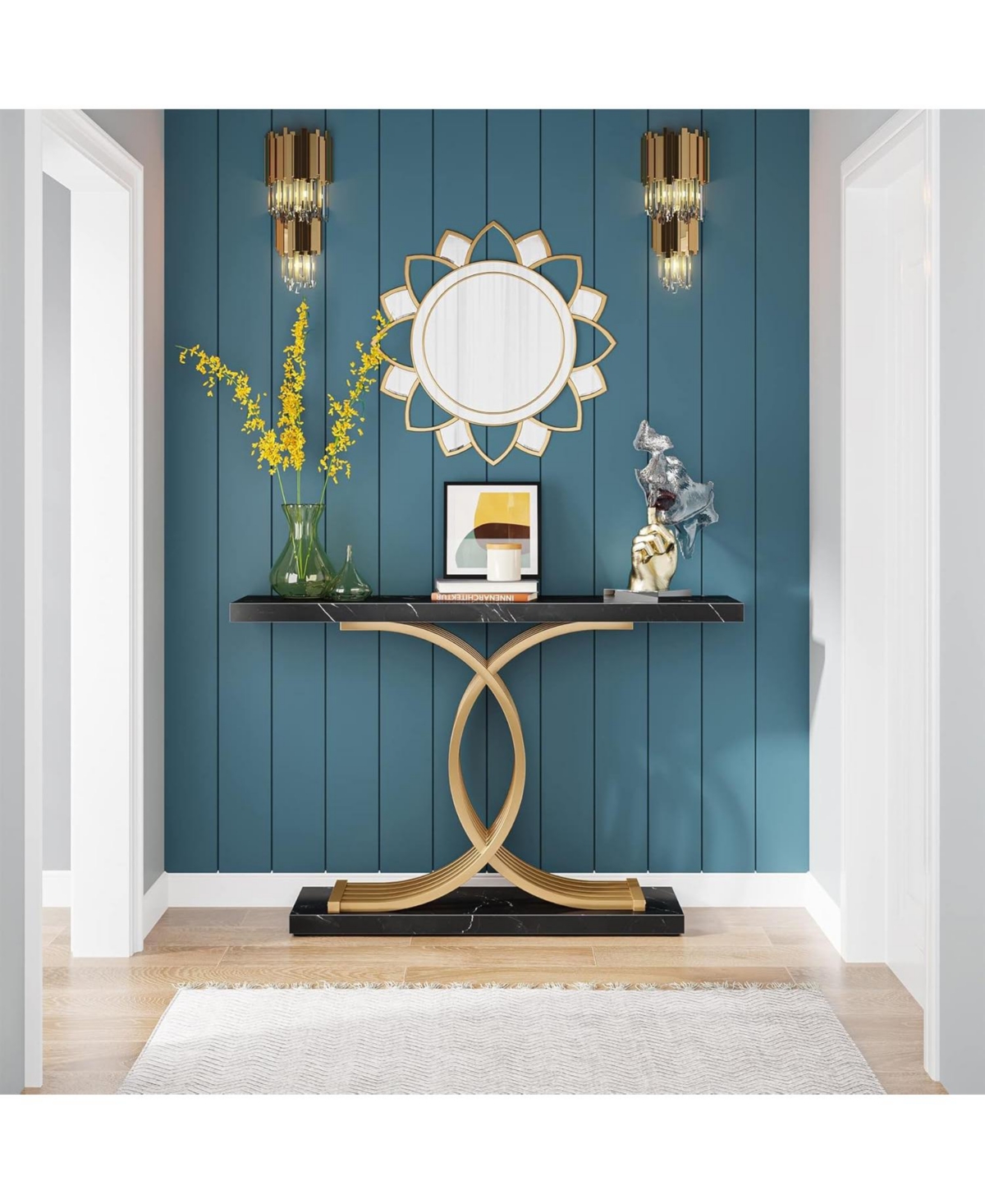 Tribesigns Gold Entryway Table, Modern 39-Inch Console Table Accent Table with Geometric Metal Legs, Faux Marble Narrow Wood Sofa Table Foyer Table fo