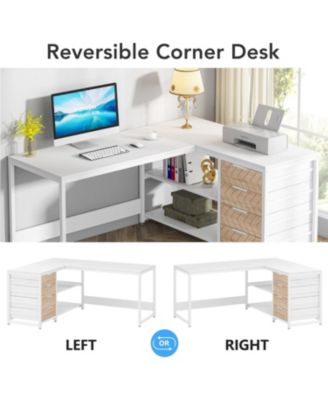 L Shaped Computer Desk with Storage Drawers, 59 inch Corner Desk with Shelves, Reversible L-Shaped Office Desk Study Writing Table Workstation for Home Office