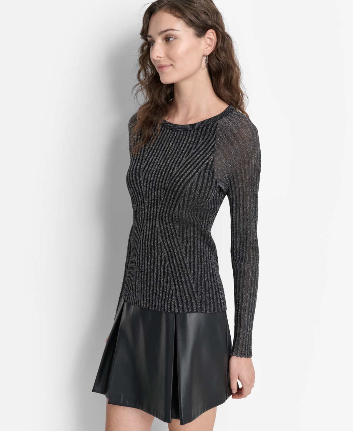 Dkny Women's Crewneck Rib-Knit Long-Sleeve Shimmer Sweater -silv