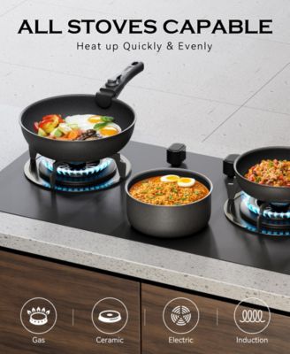 18-Piece Non-Stick Cookware Set with Silicone Tools, Detachable Handles, Space-Saving Design for All Stovetops