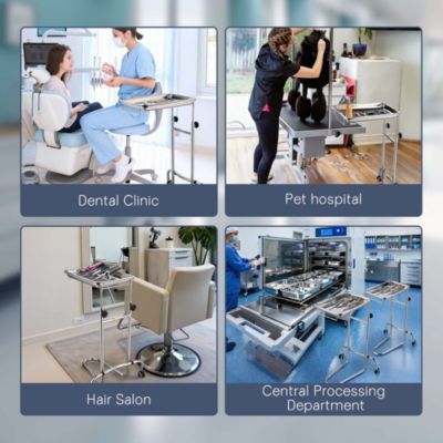 Mobile Mayo Stand Stainless Steel with 2 Pcs Trays on Wheels Adjustable for Hospital Dental Salon