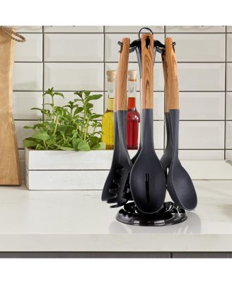 Black Nylon Cooking Utensils with Wood Design, Set of 7