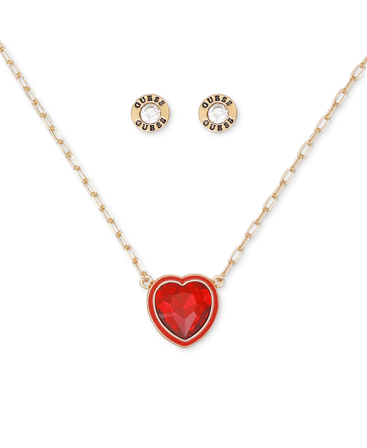 GuessTone Necklace with a Red Heart Pendant and Stud Earrings - Gold