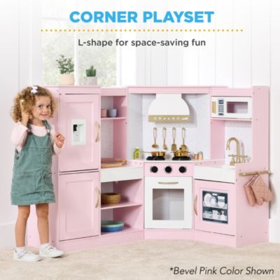 Pretend Play Corner Kitchen, Interactive Wooden Kids Set w/ Lights and Sounds