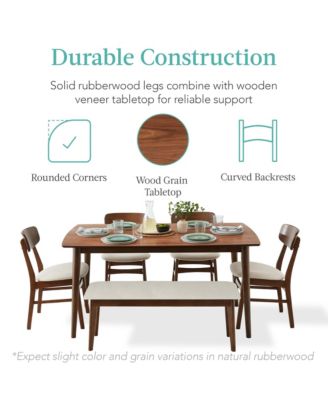 6-Piece Mid-Century Modern Upholstered Wooden Dining Set w/ 4 Chairs, Bench