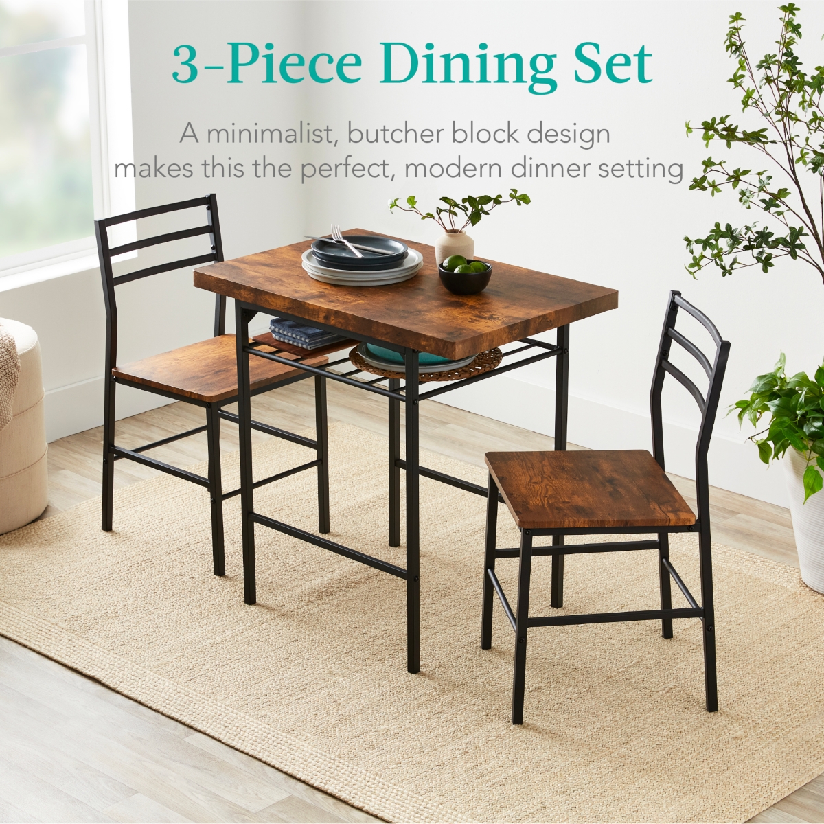 Best Choice Products 3-Piece Modern Dining Set, Square Table & Chairs Set w/ Steel Frame, Built-In Storage Rack