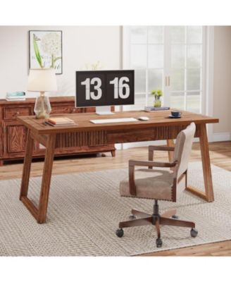 Home Office Executive Desk: 55 Inches Solid Wood Computer Desk with Drawer, Rustic PC Laptop Desk Workstation Furniture, Walnut Brown