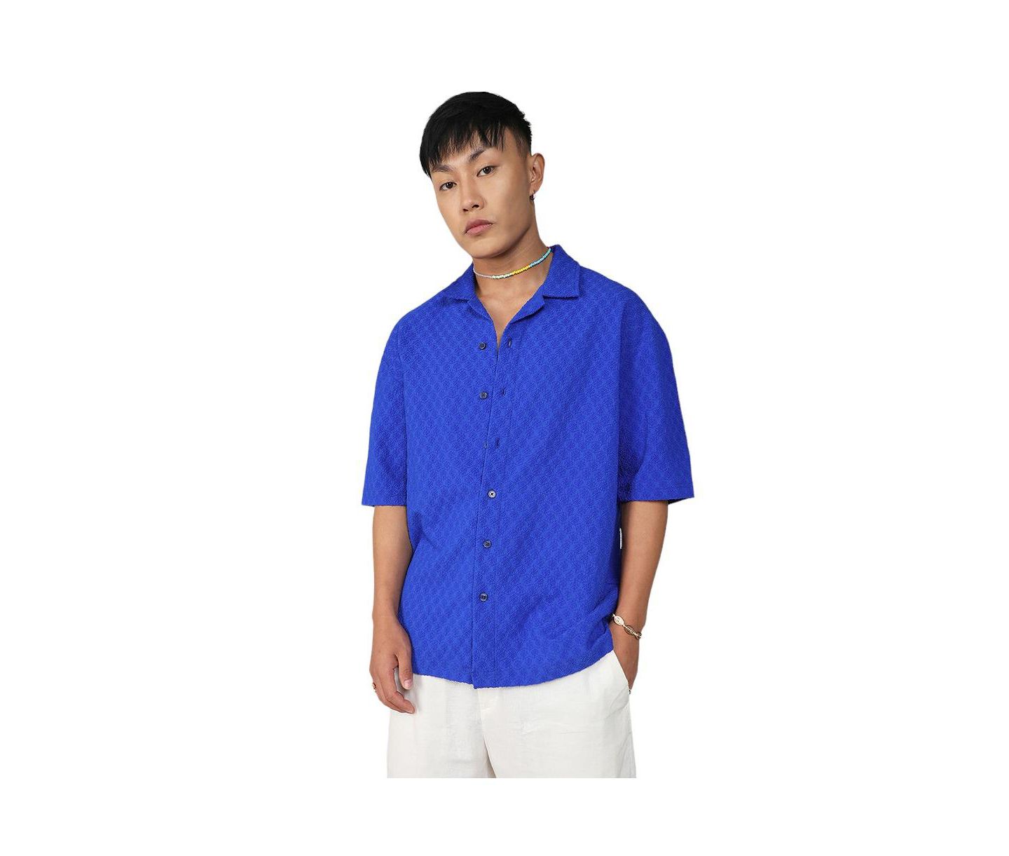 Мужская рубашка Cahoot Royal Blue Textured Geometric Oversized, цвет: Синий — фото 1