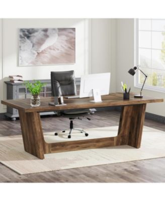 70.87-Inch Executive Computer Desk: Large Home Office Desk with Solid Wooden Pedestal, Industrial Wood Study Writing Table, Brown