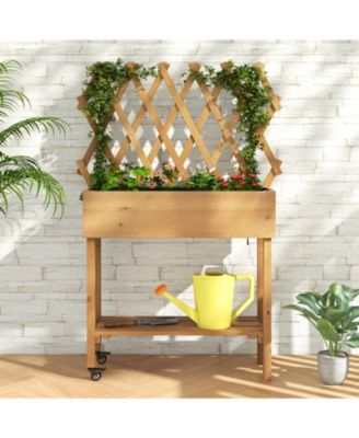 Wooden Rolling Raised Garden Bed with Trellis and Storage Shelf
