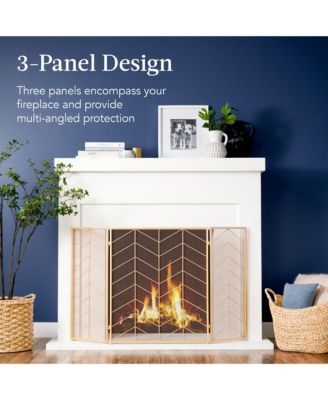 52x31in 3-Panel Iron Chevron Fireplace Screen, Spark Guard w/ Handles