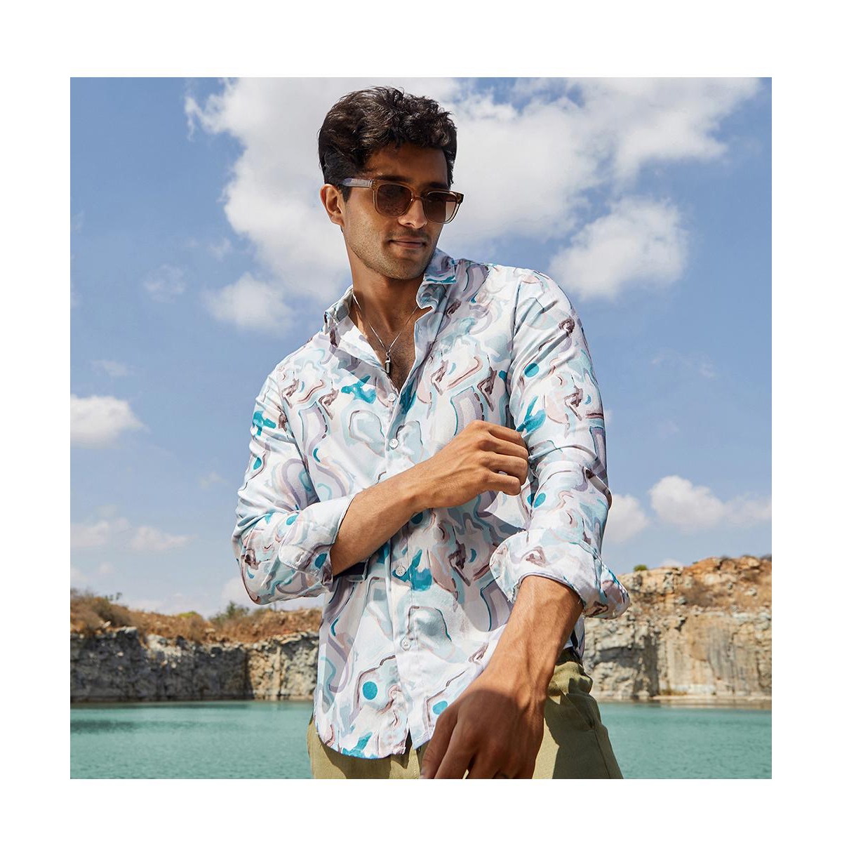 Campus Sutra Men's Sky Blue & IvoryFluid Fade Shirt - White